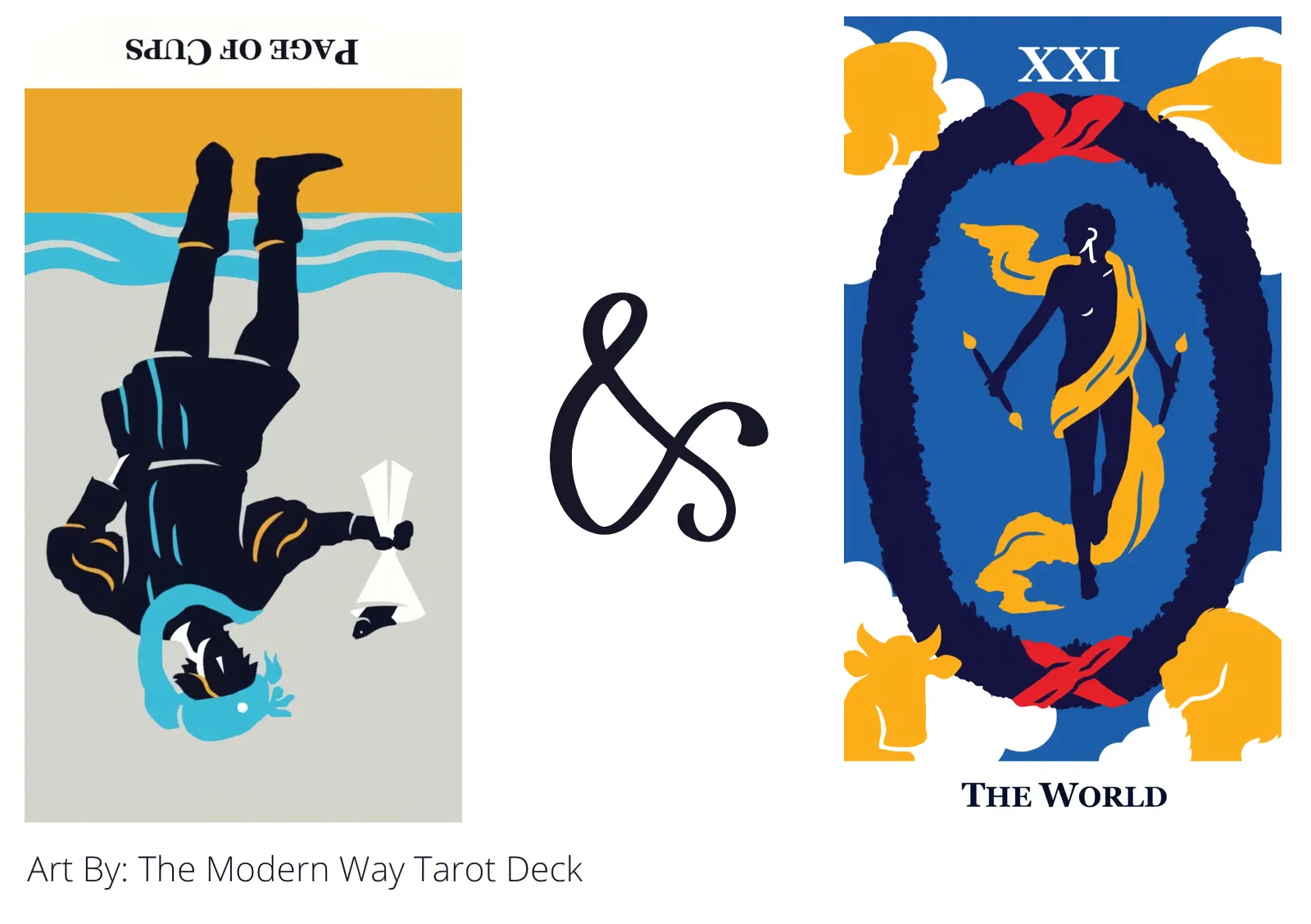 page of cups reversed and the world tarot cards together