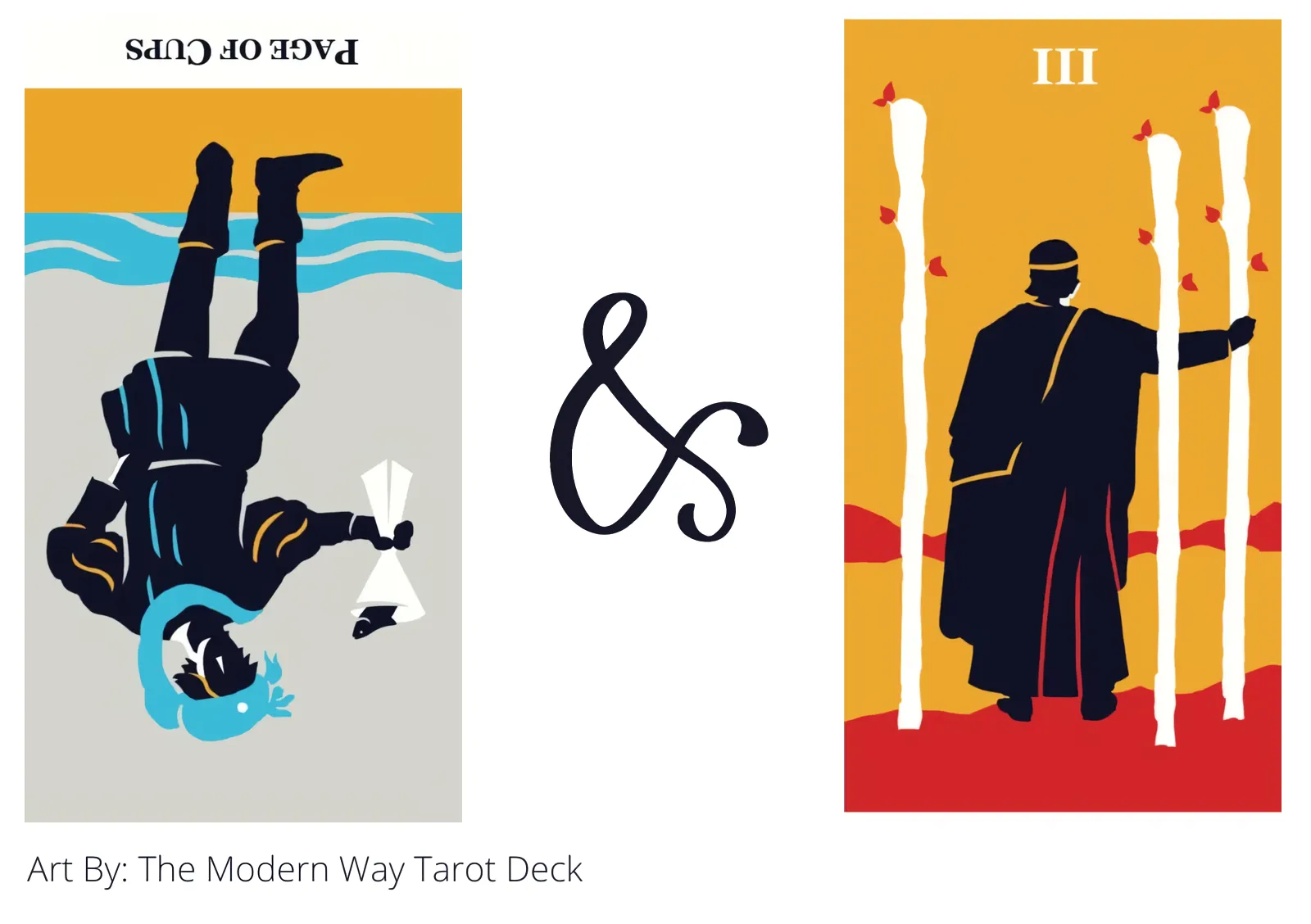 page of cups reversed and three of wands tarot cards together