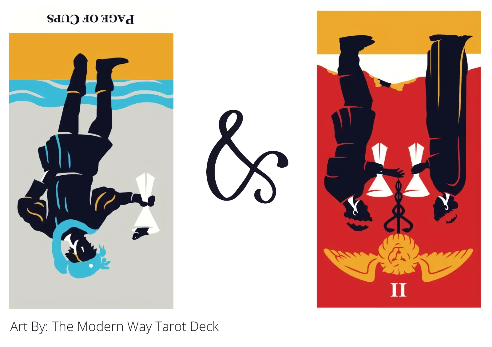 page of cups reversed and two of cups reversed tarot cards together