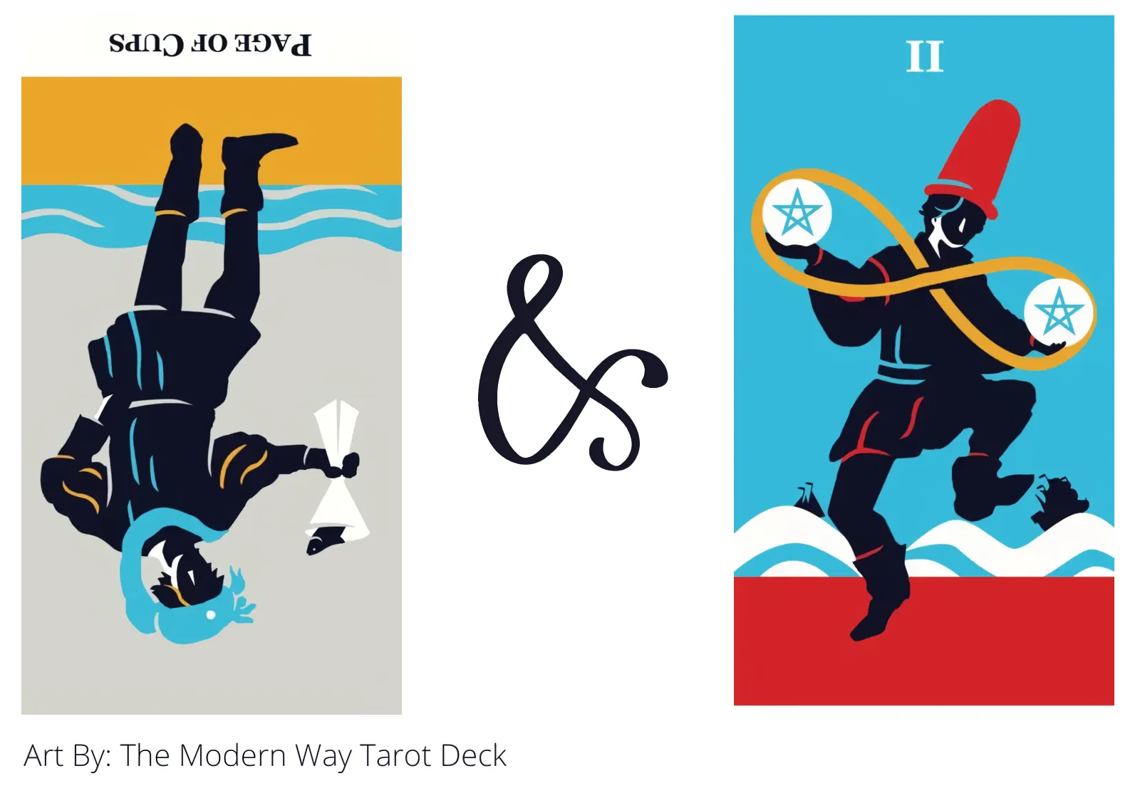 page of cups reversed and two of pentacles tarot cards together