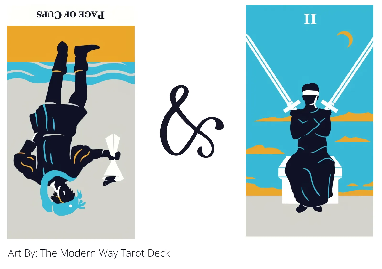 page of cups reversed and two of swords tarot cards together