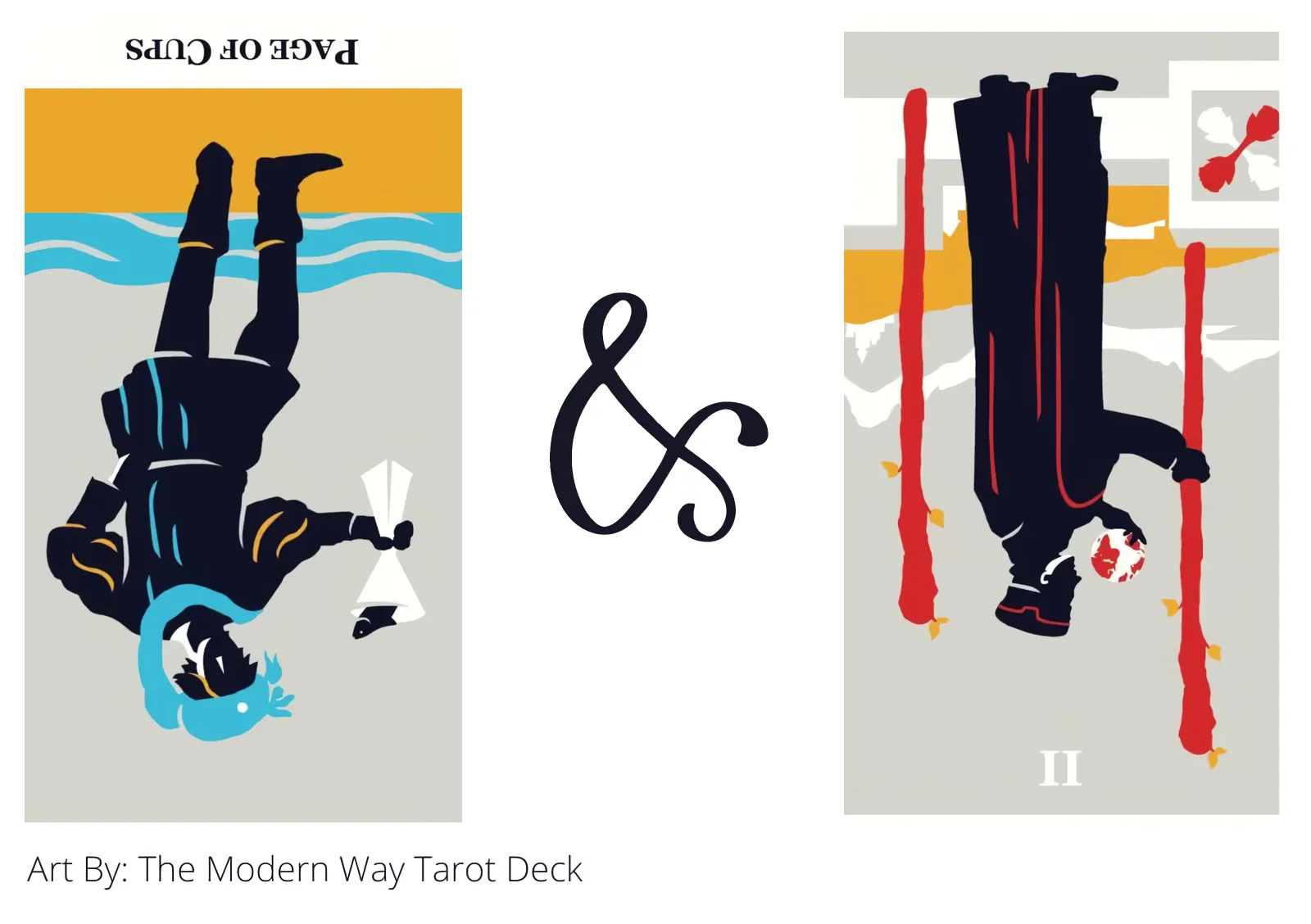 page of cups reversed and two of wands reversed tarot cards together