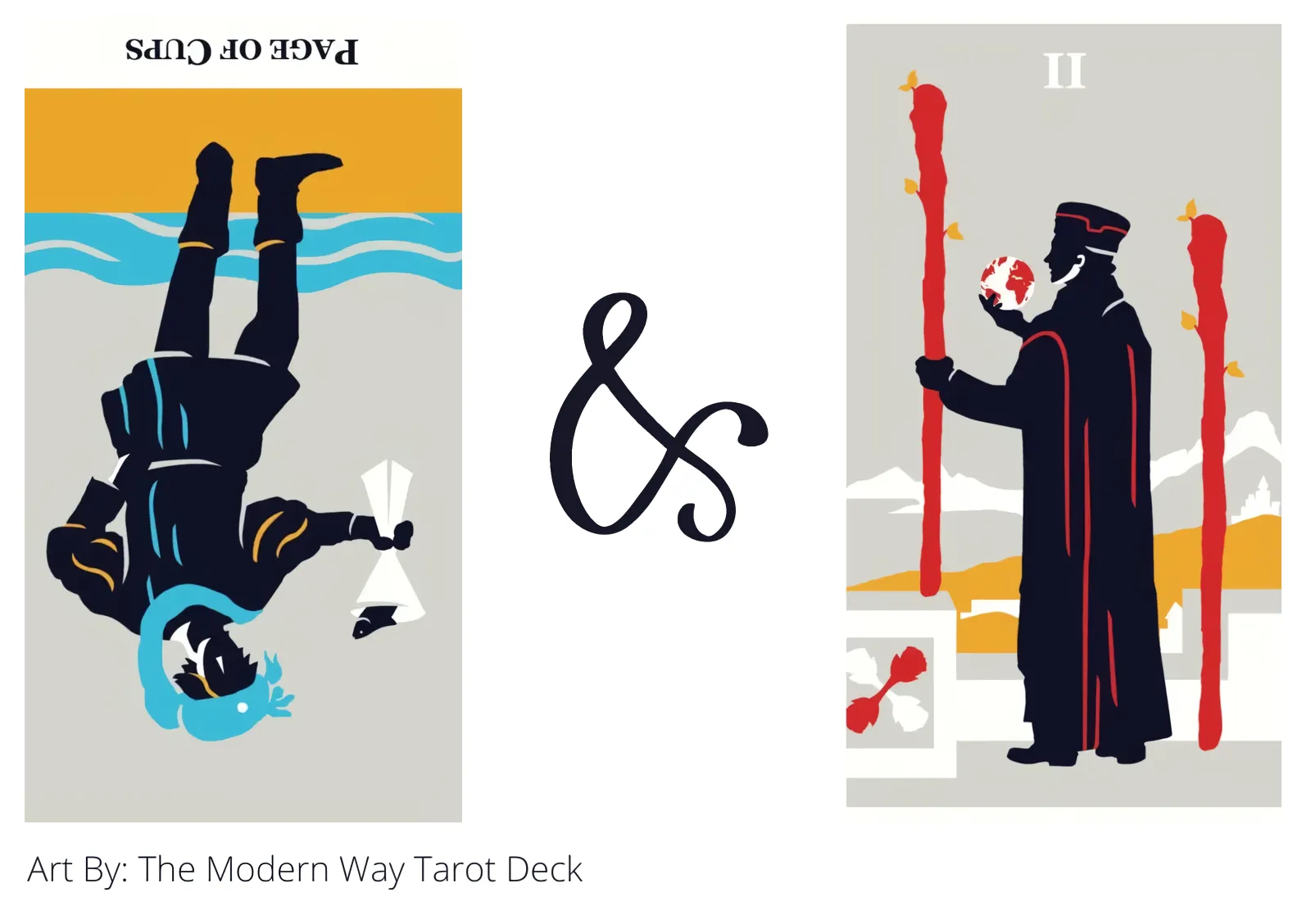 page of cups reversed and two of wands tarot cards together
