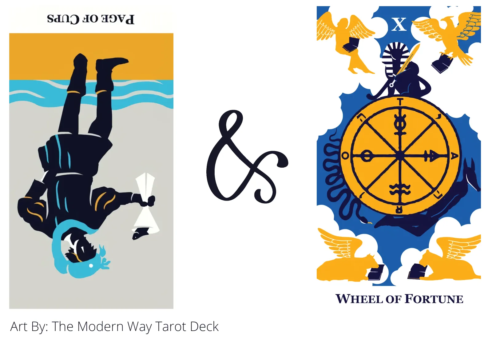 page of cups reversed and wheel of fortune tarot cards together