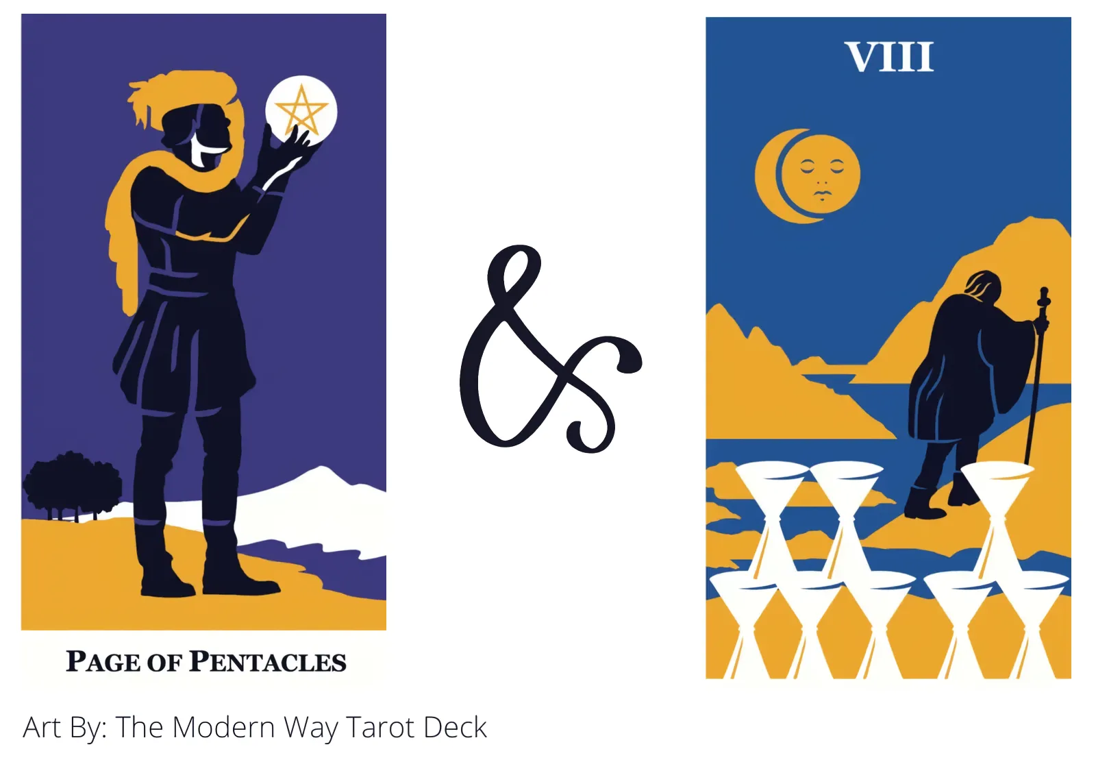 page of pentacles and eight of cups tarot cards together