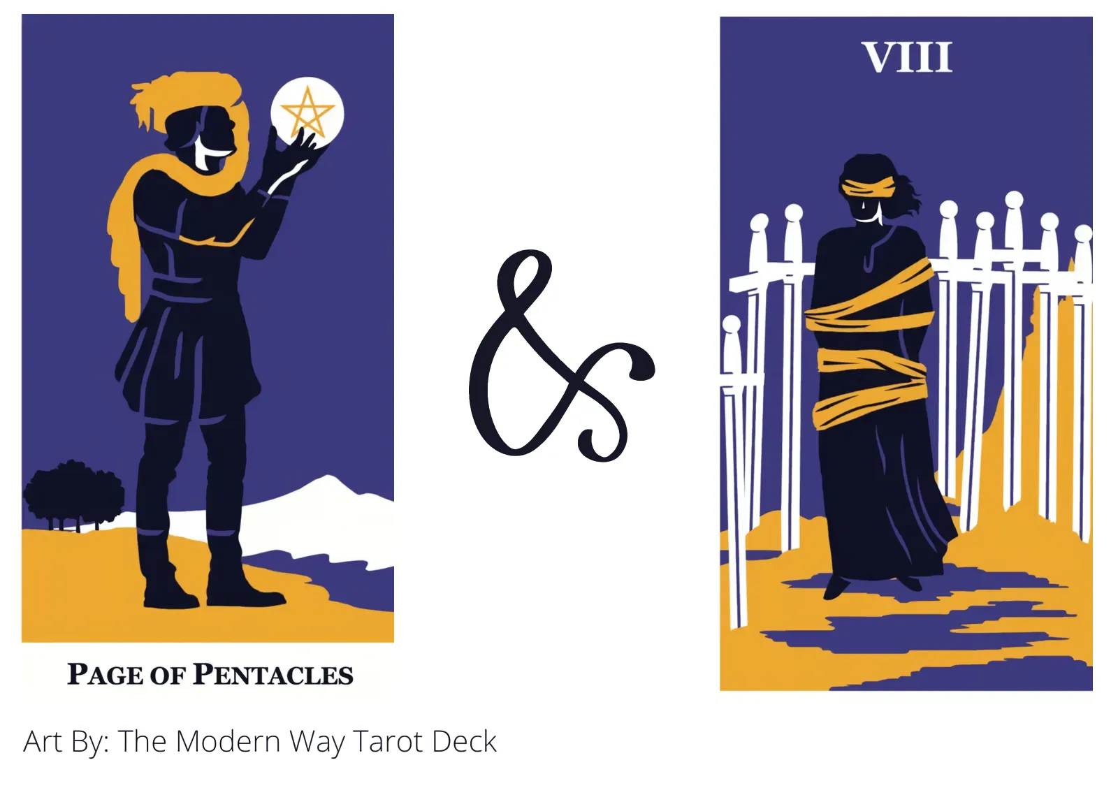 page of pentacles and eight of swords tarot cards together