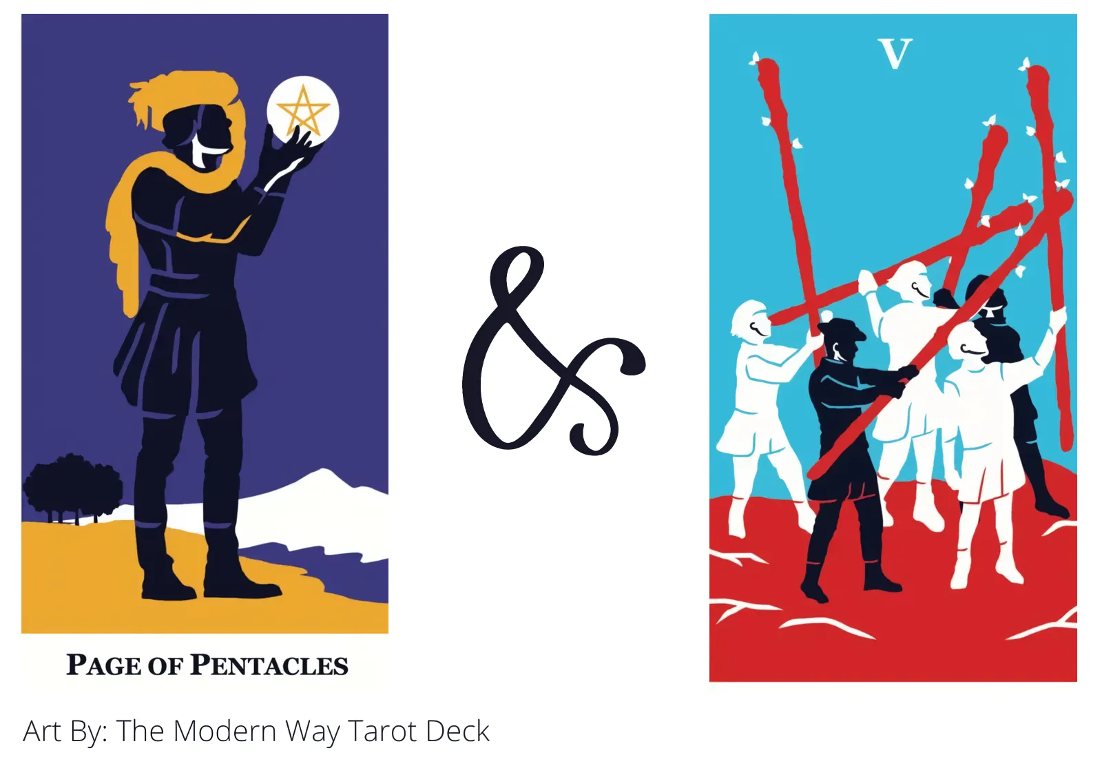 page of pentacles and five of wands tarot cards together
