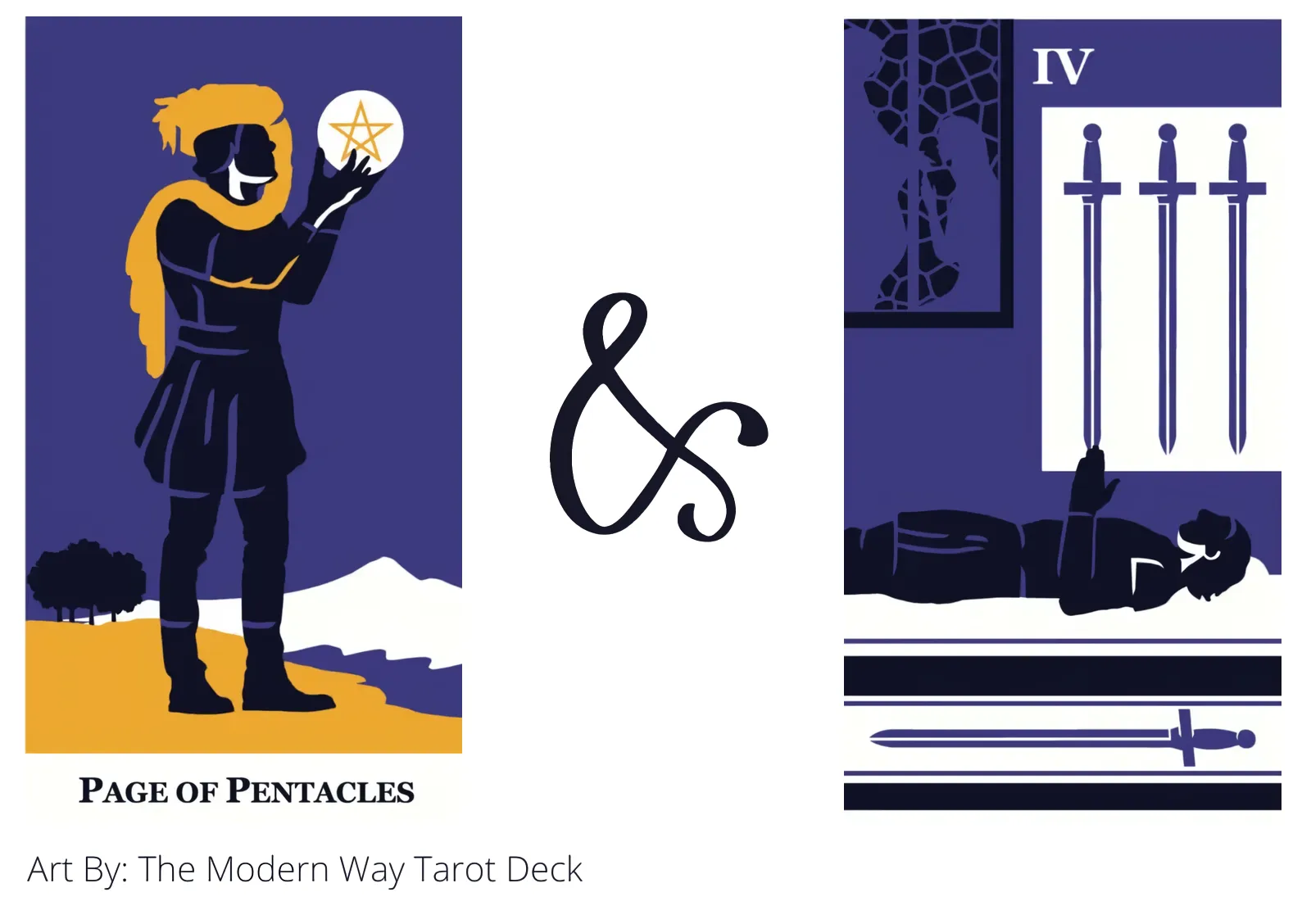 page of pentacles and four of swords tarot cards together