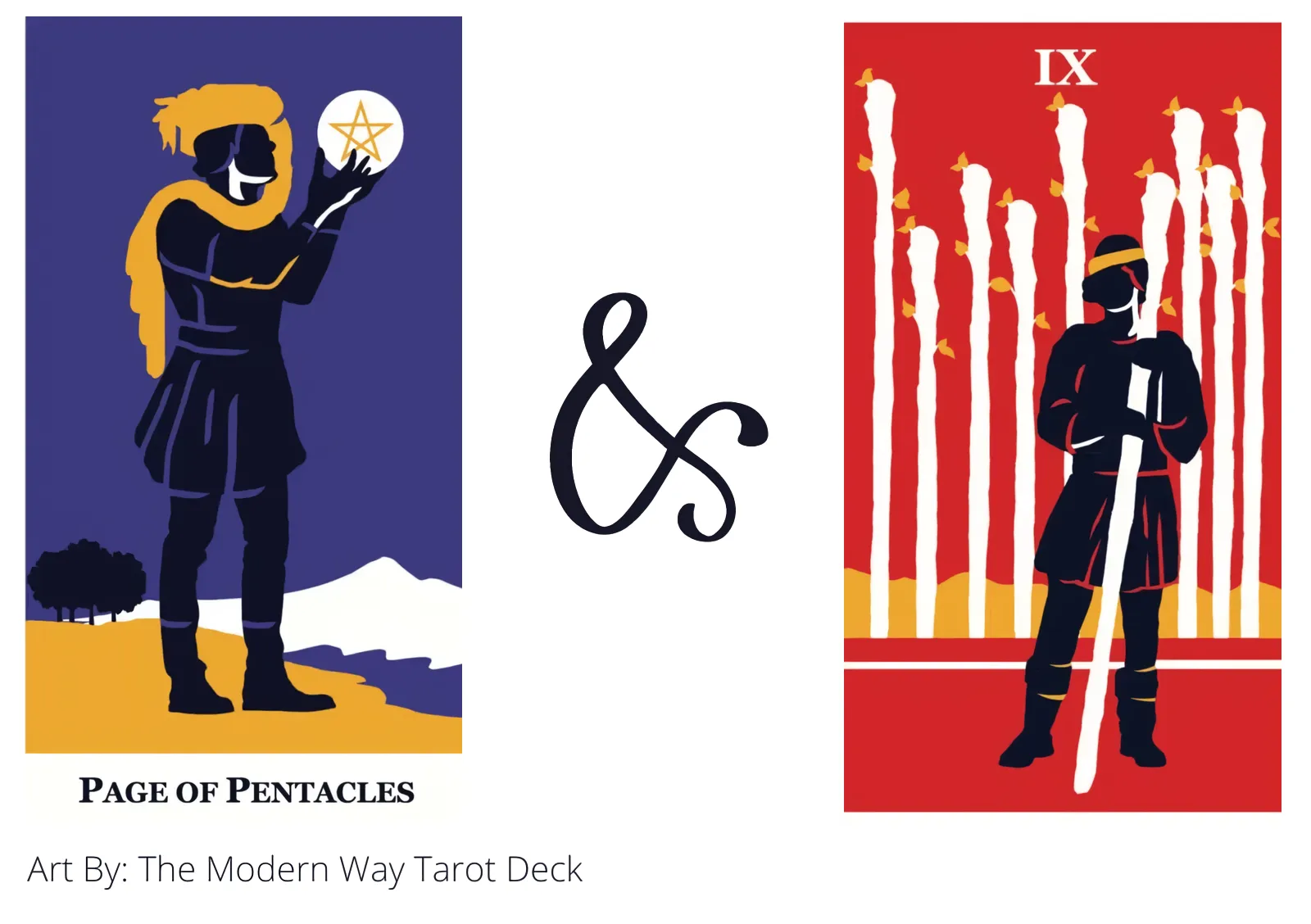 page of pentacles and nine of wands tarot cards together