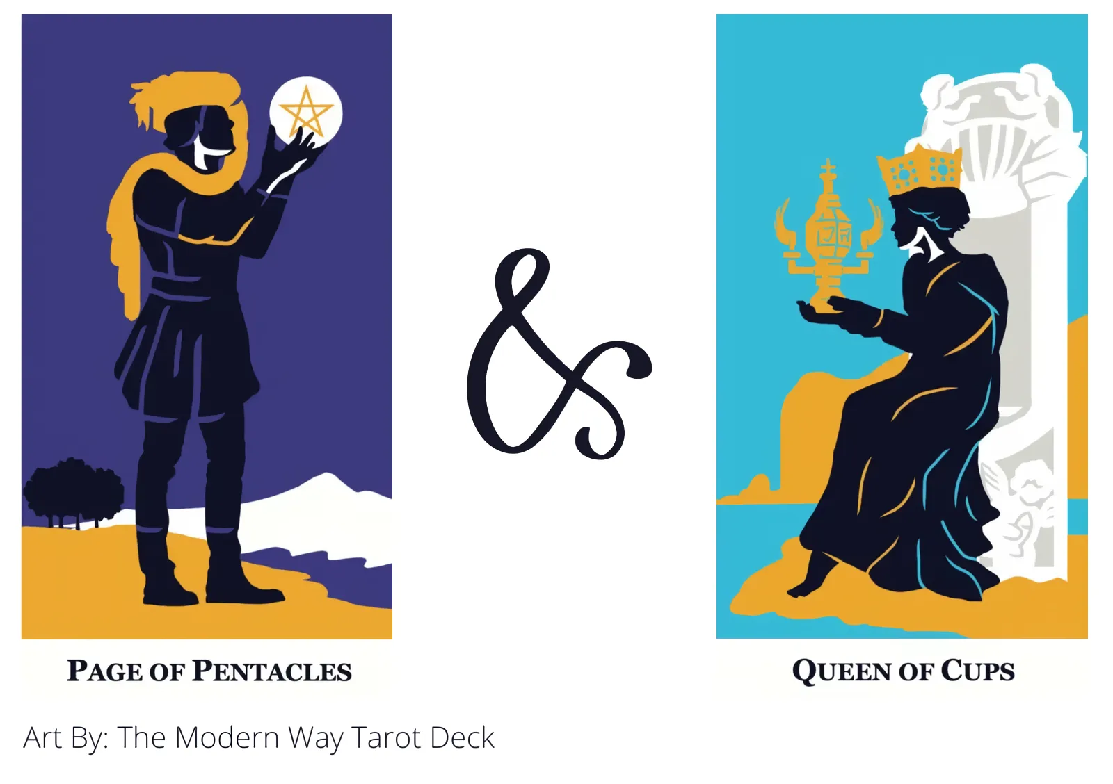 page of pentacles and queen of cups tarot cards together