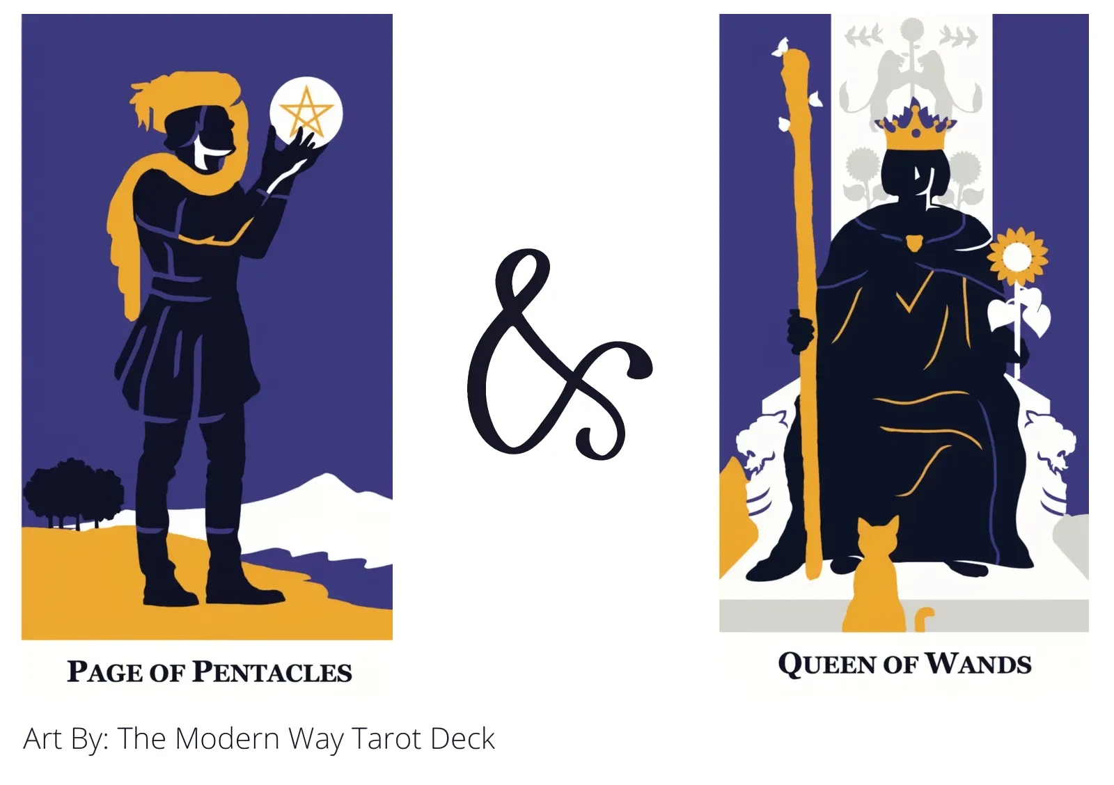 page of pentacles and queen of wands tarot cards together