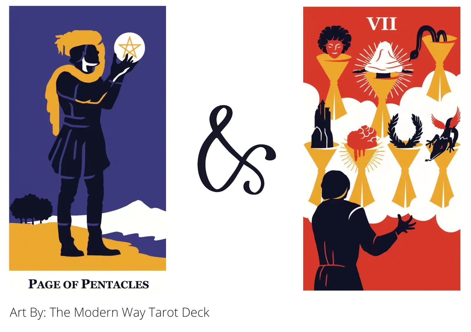 page of pentacles and seven of cups tarot cards together