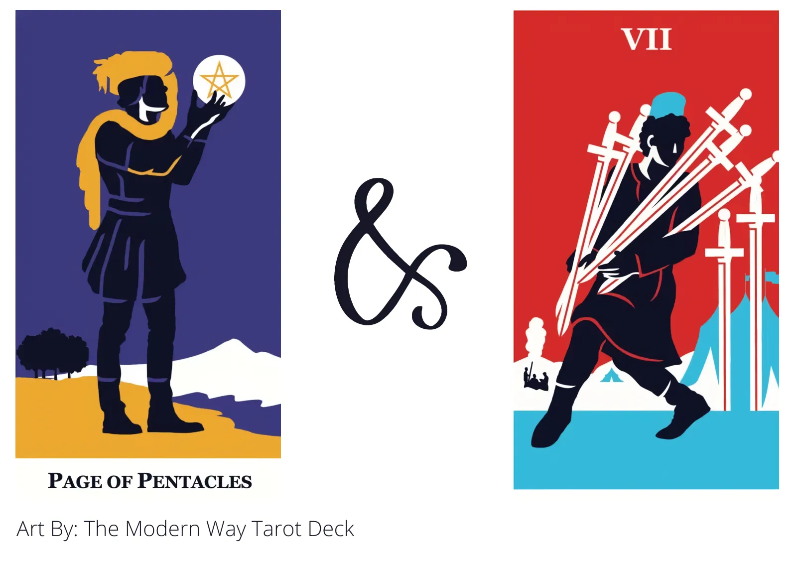 page of pentacles and seven of swords tarot cards together