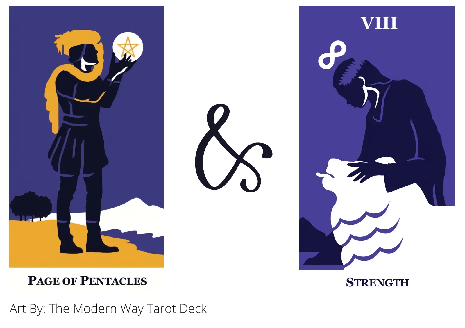 page of pentacles and strength tarot cards together