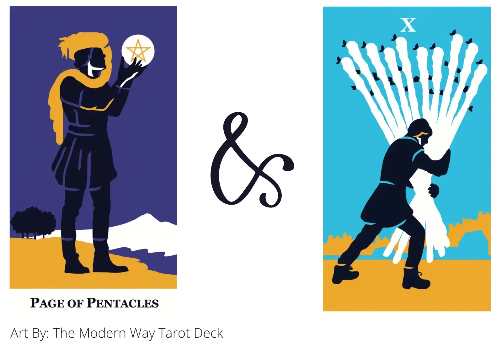 page of pentacles and ten of wands tarot cards together