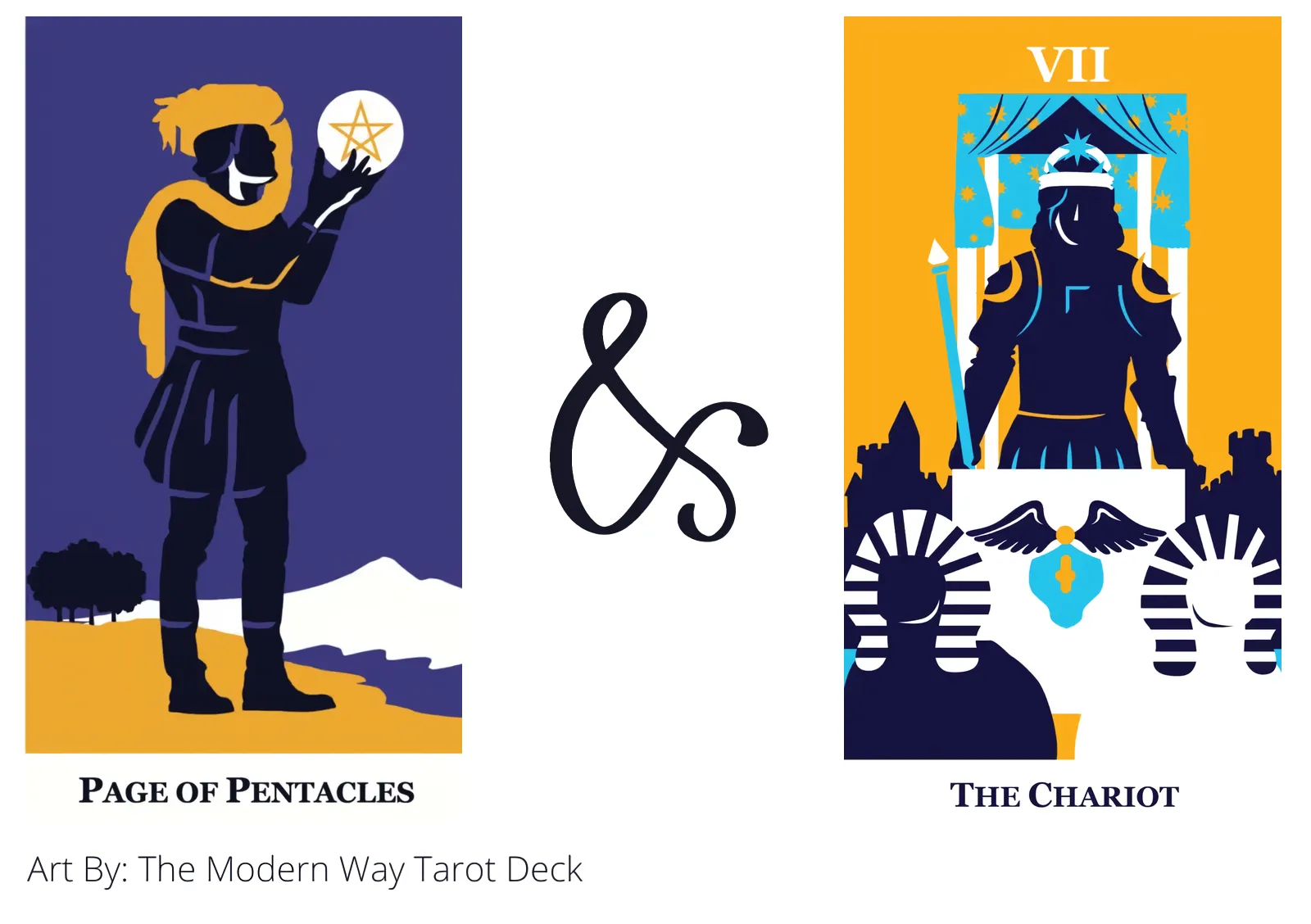 page of pentacles and the chariot tarot cards together