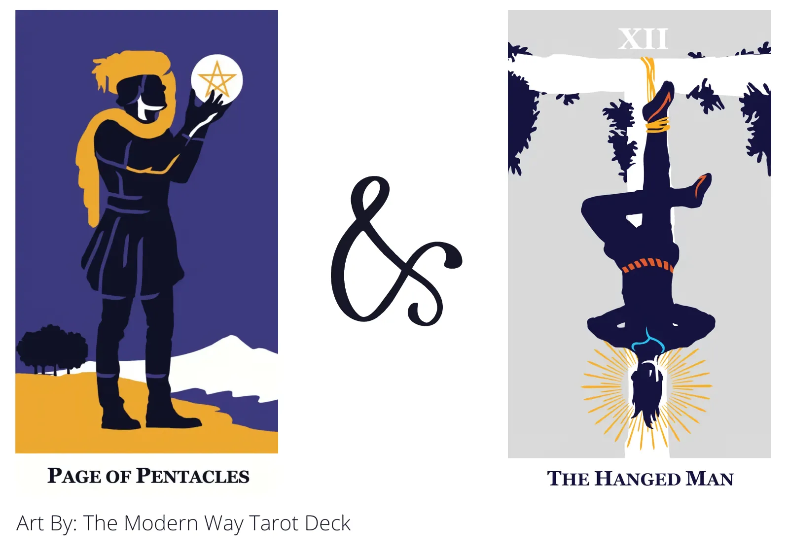 page of pentacles and the hanged man tarot cards together