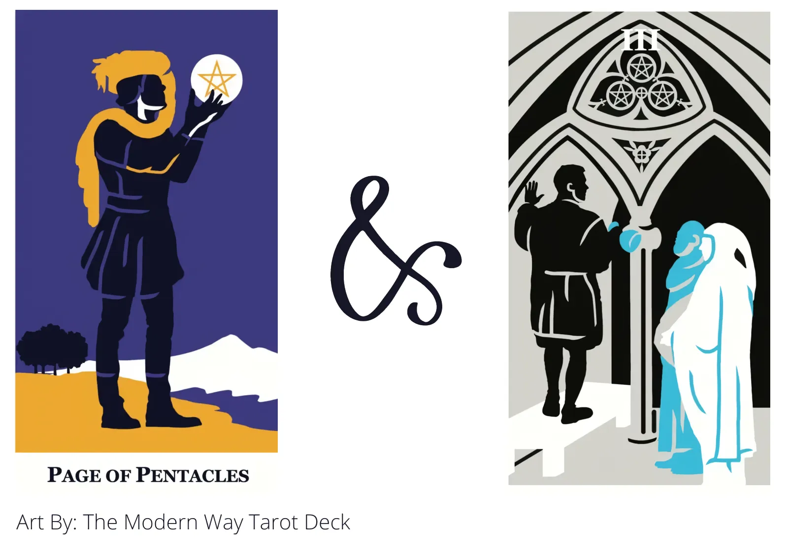 page of pentacles and three of pentacles tarot cards together