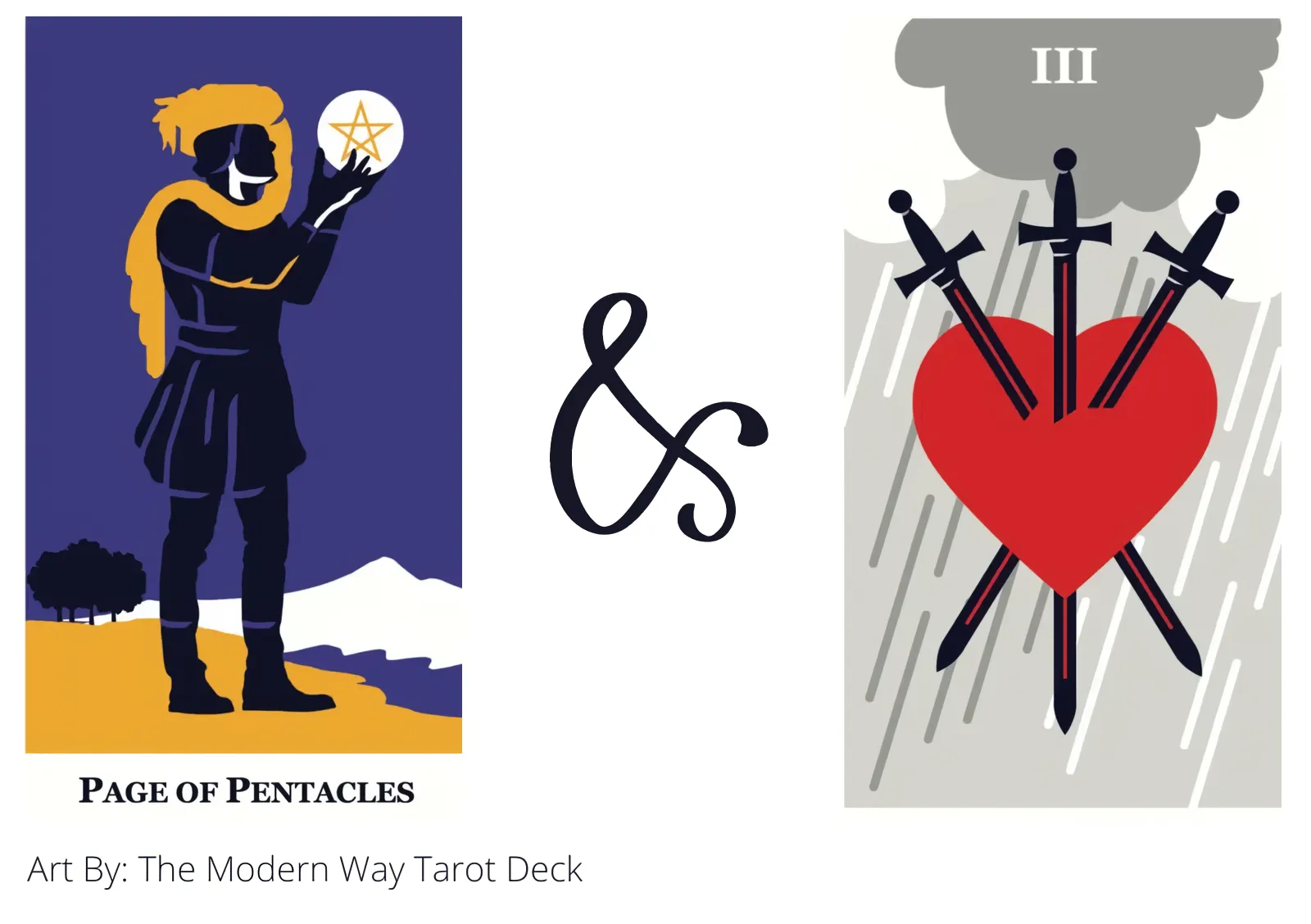 page of pentacles and three of swords tarot cards together