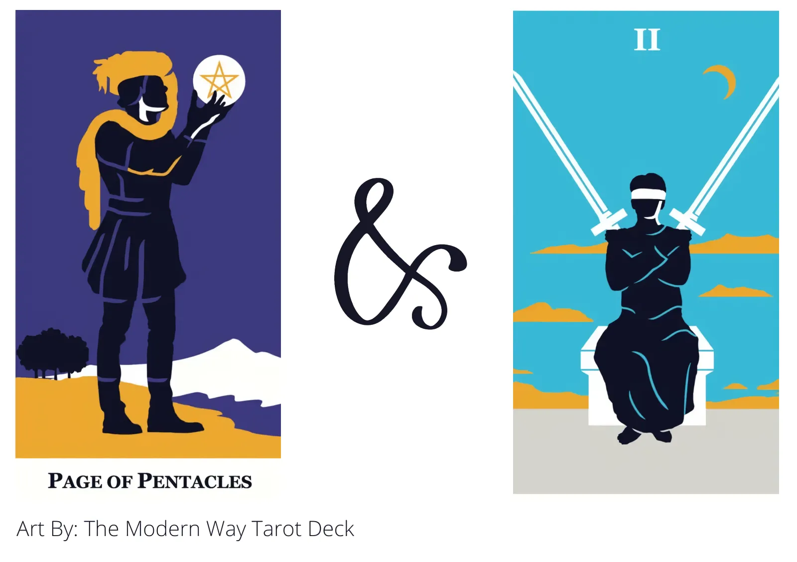 page of pentacles and two of swords tarot cards together