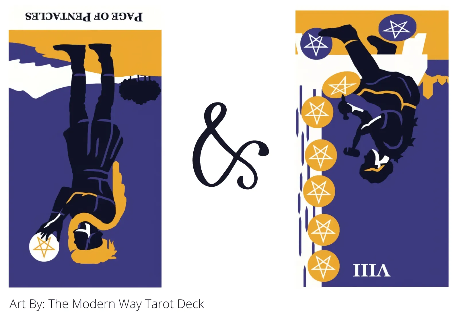 page of pentacles reversed and eight of pentacles reversed tarot cards together