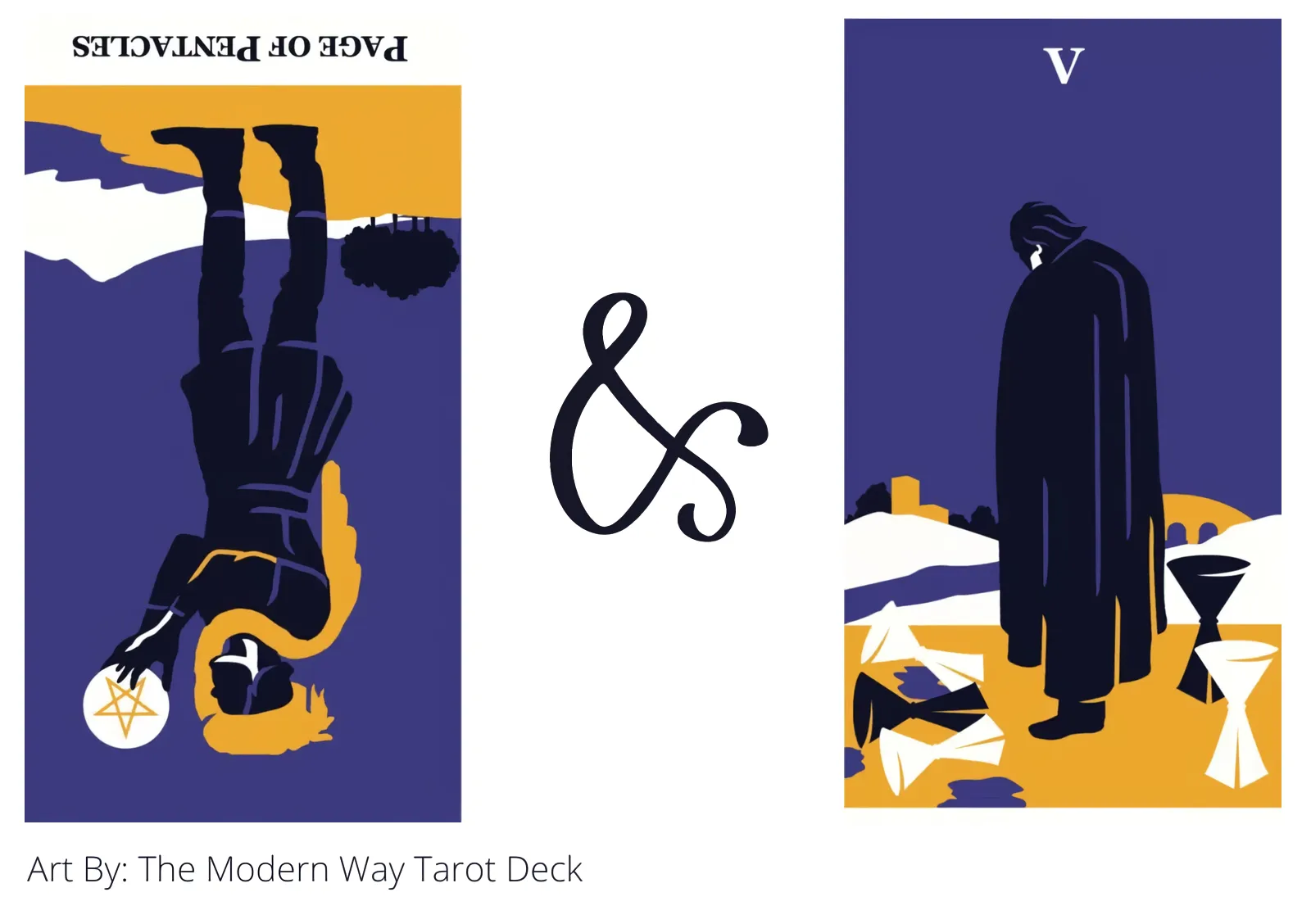 page of pentacles reversed and five of cups tarot cards together