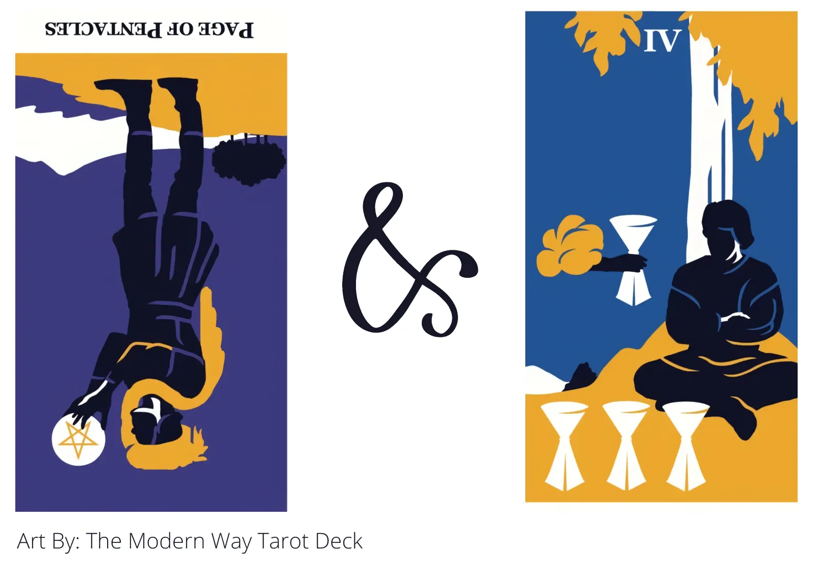 page of pentacles reversed and four of cups tarot cards together