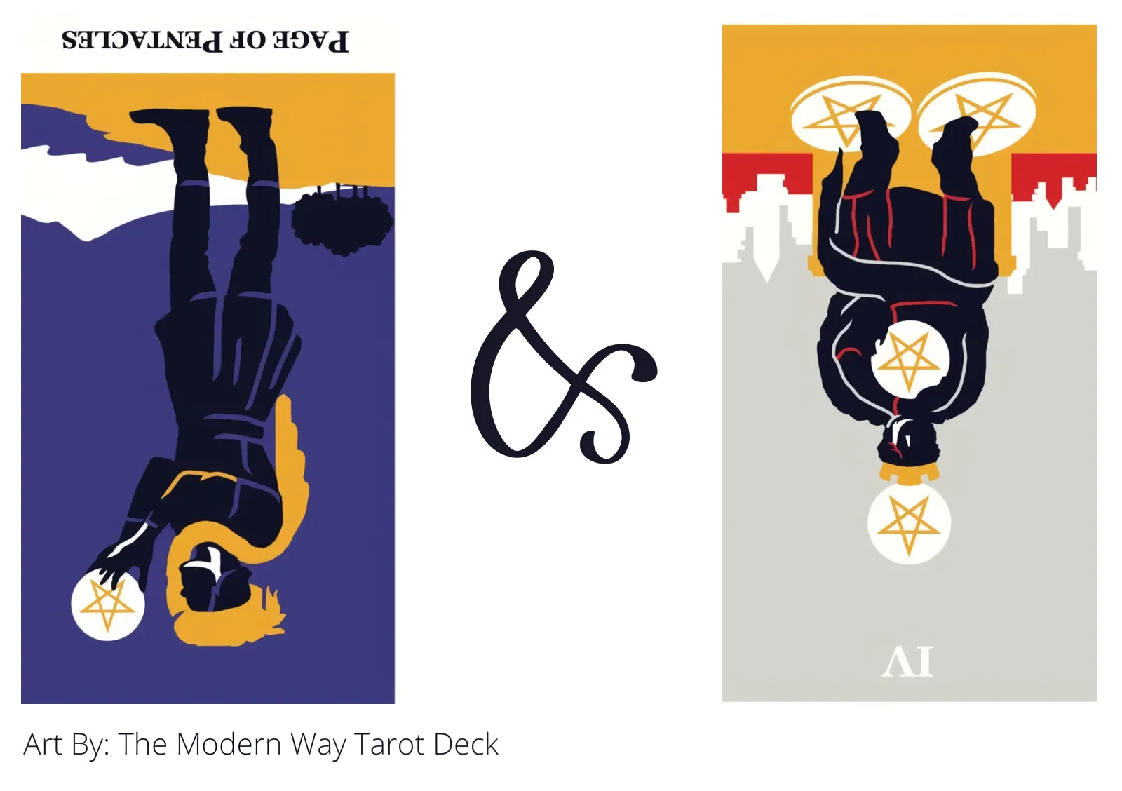 page of pentacles reversed and four of pentacles reversed tarot cards together
