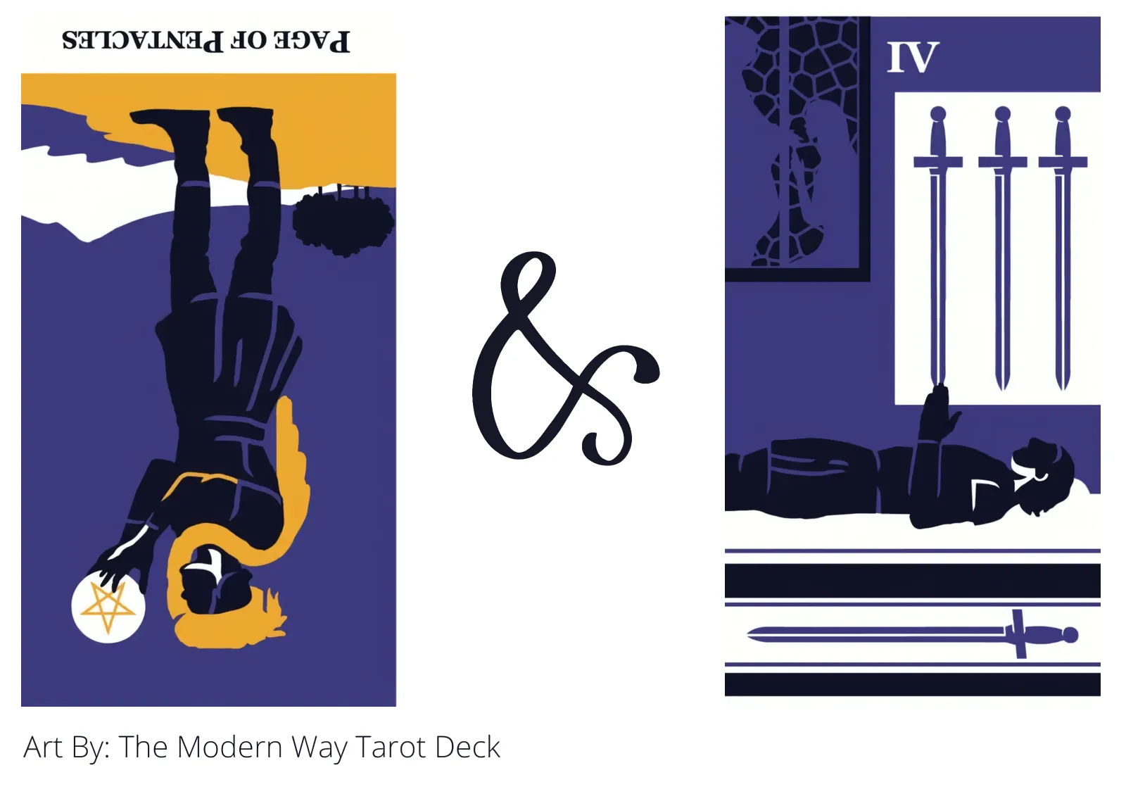 page of pentacles reversed and four of swords tarot cards together