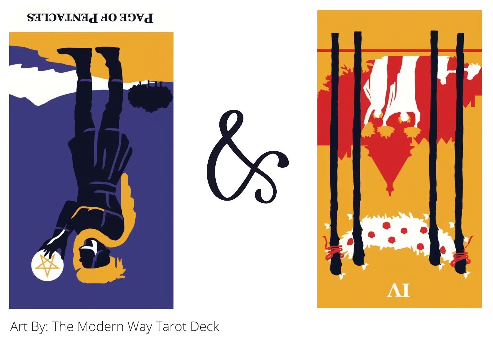 page of pentacles reversed and four of wands reversed tarot cards together