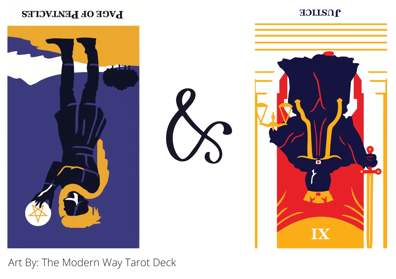 page of pentacles reversed and justice reversed tarot cards together