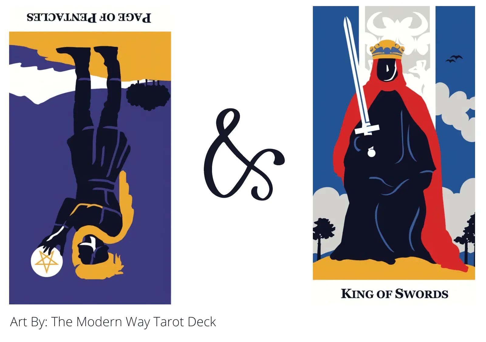page of pentacles reversed and king of swords tarot cards together