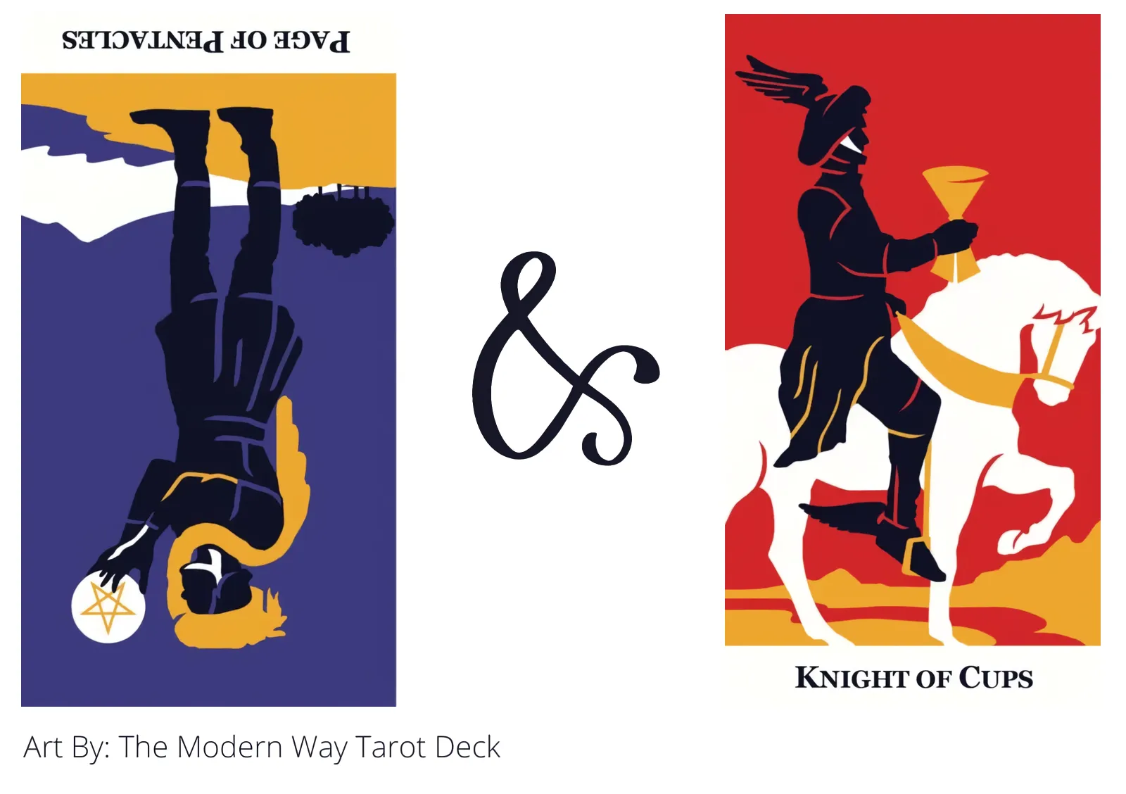 page of pentacles reversed and knight of cups tarot cards together