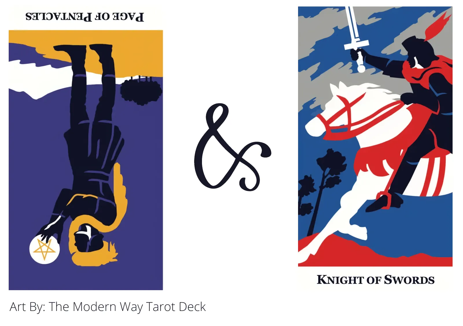 page of pentacles reversed and knight of swords tarot cards together