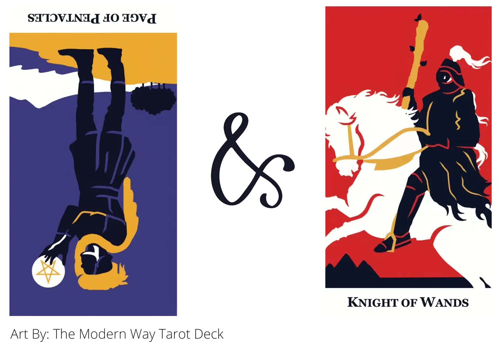 page of pentacles reversed and knight of wands tarot cards together