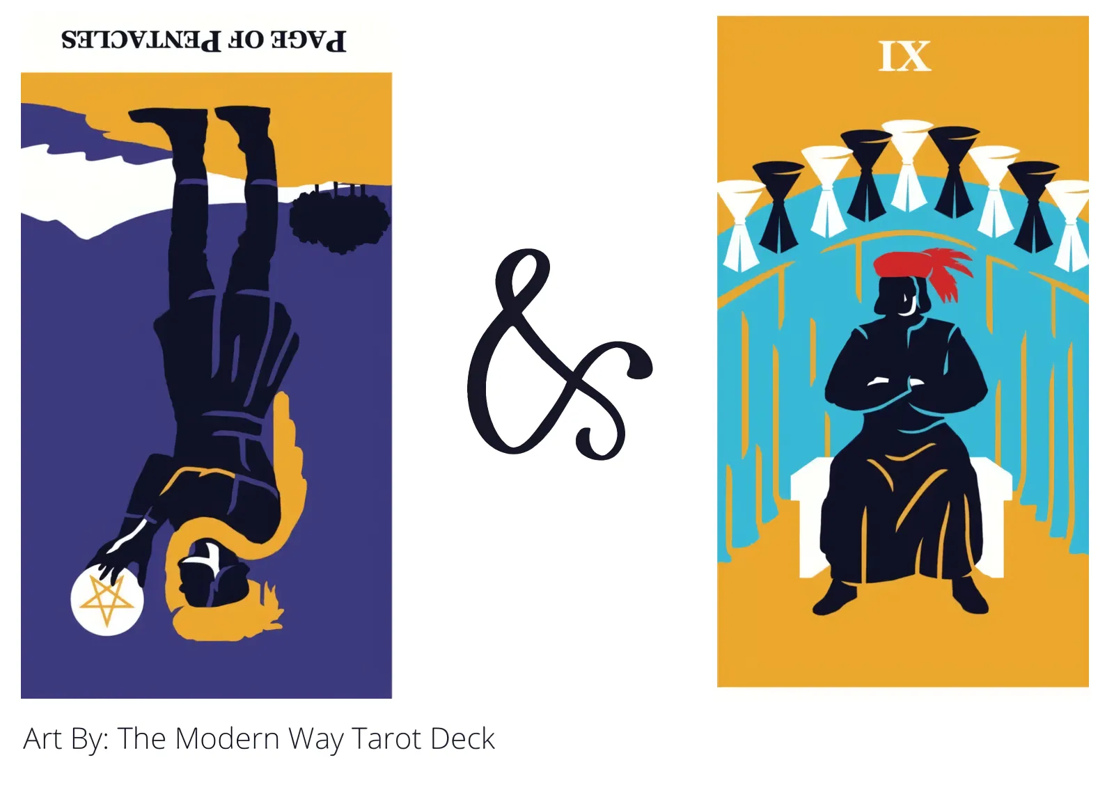 page of pentacles reversed and nine of cups tarot cards together