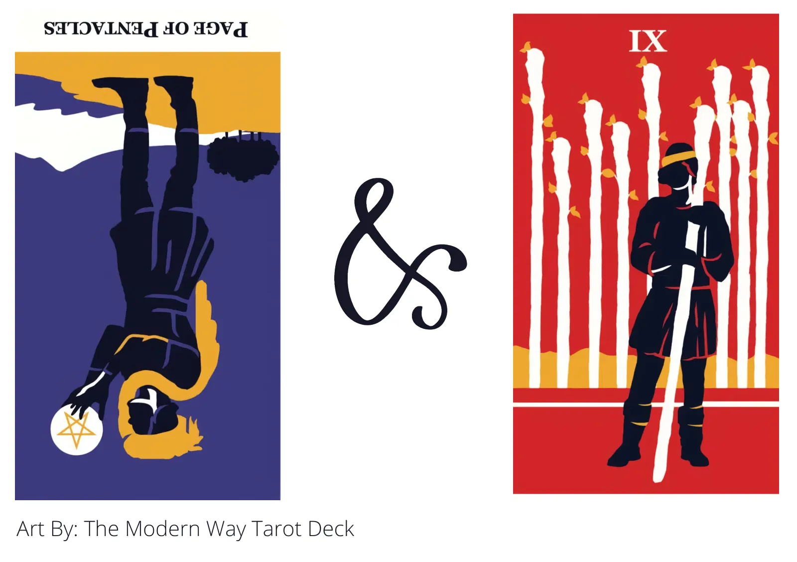 page of pentacles reversed and nine of wands tarot cards together