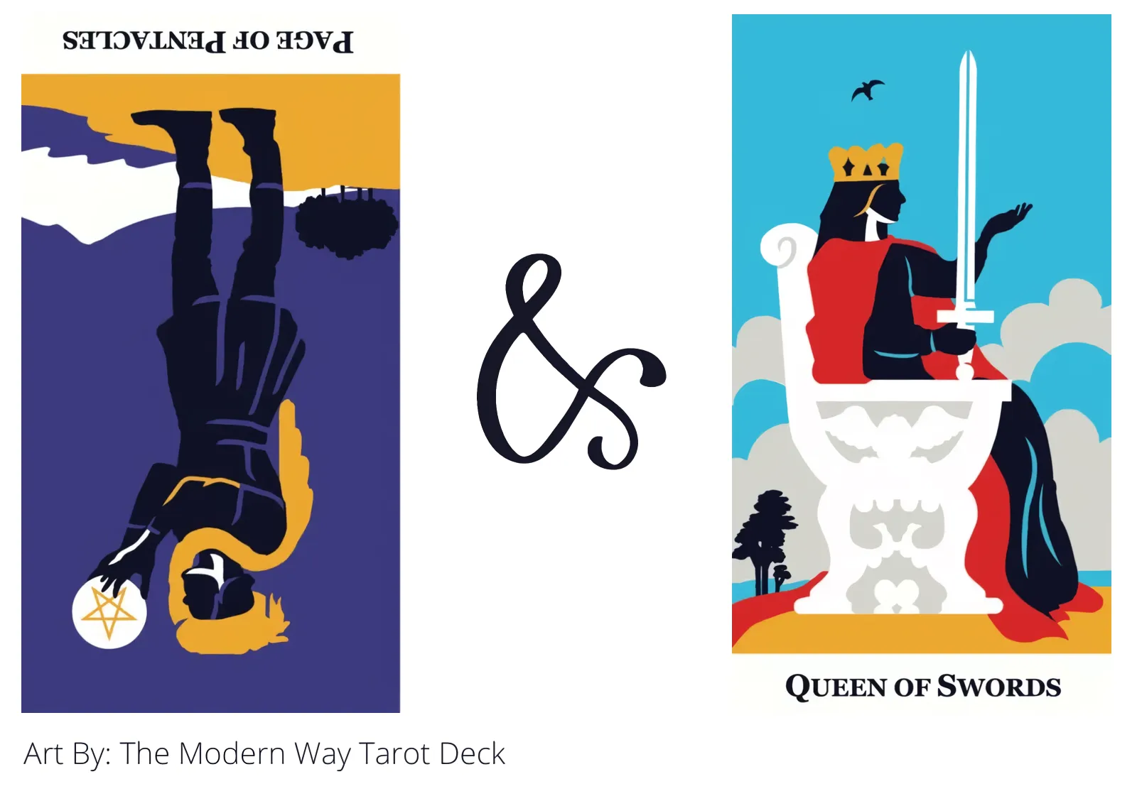 page of pentacles reversed and queen of swords tarot cards together