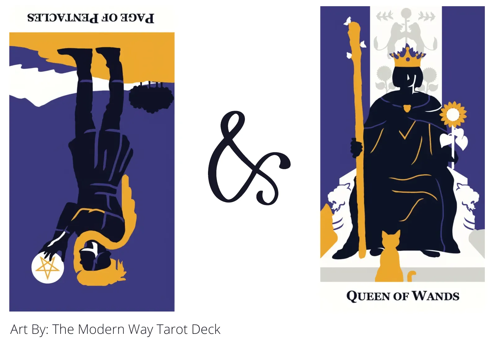 page of pentacles reversed and queen of wands tarot cards together