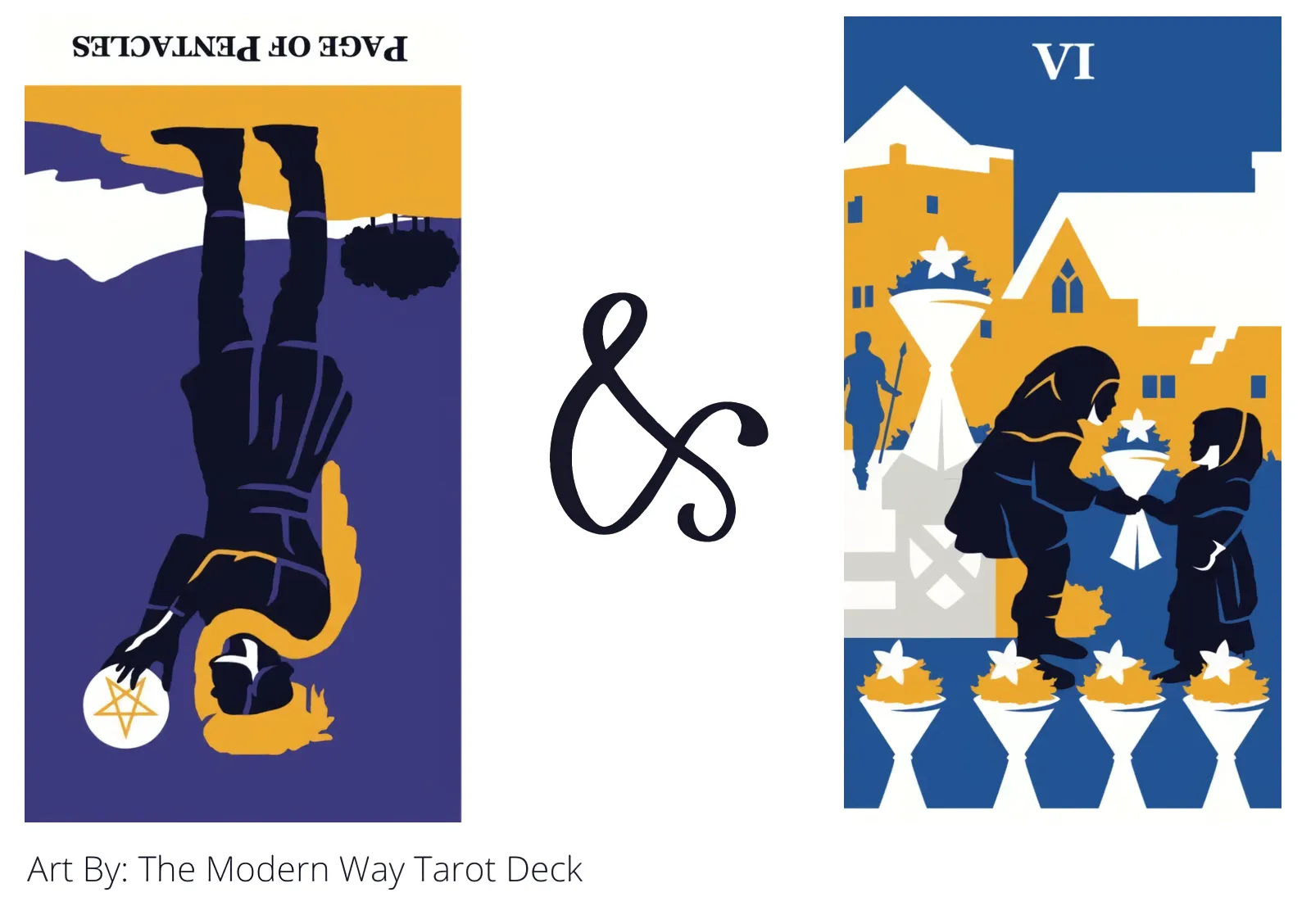 page of pentacles reversed and six of cups tarot cards together