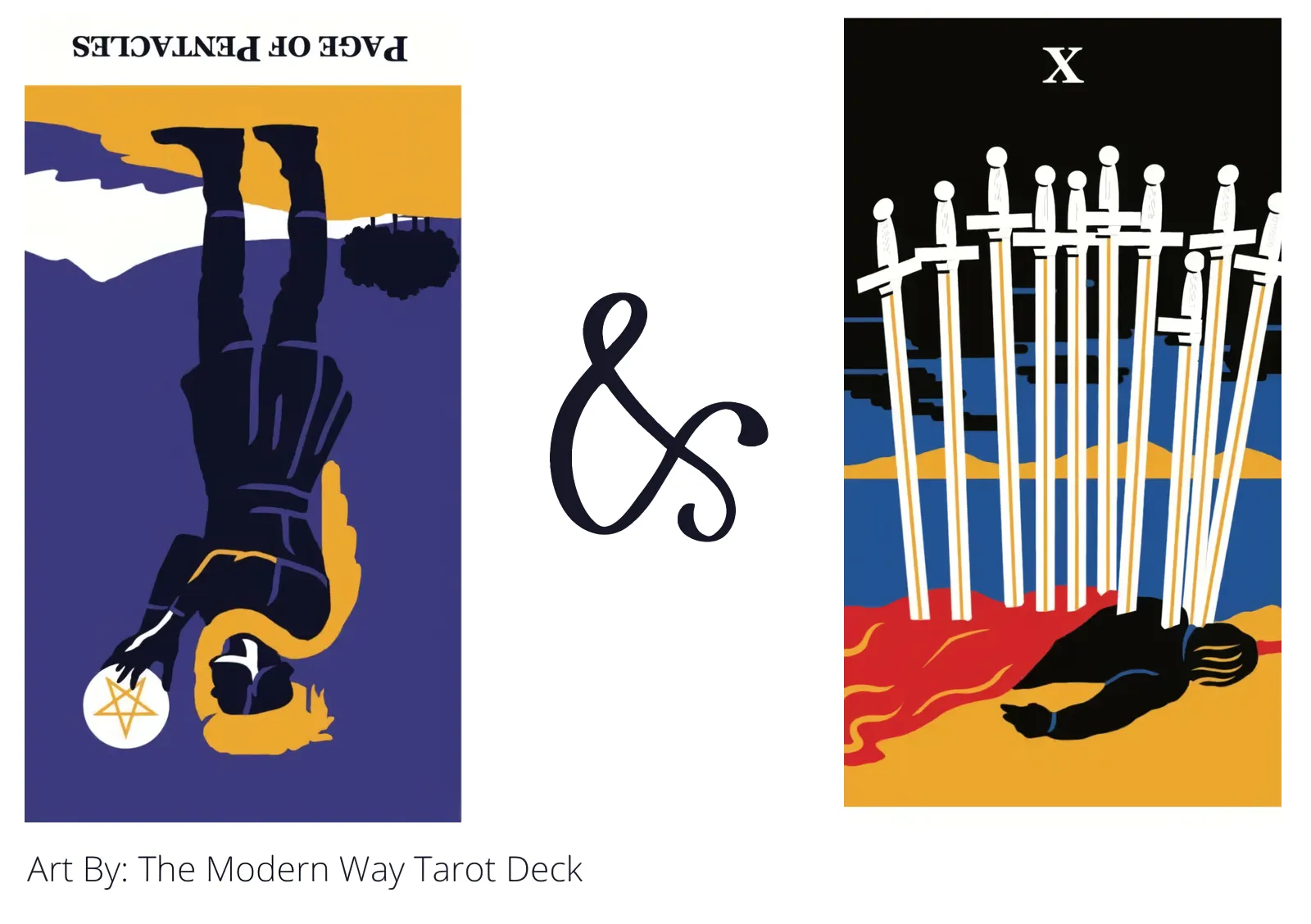 page of pentacles reversed and ten of swords tarot cards together