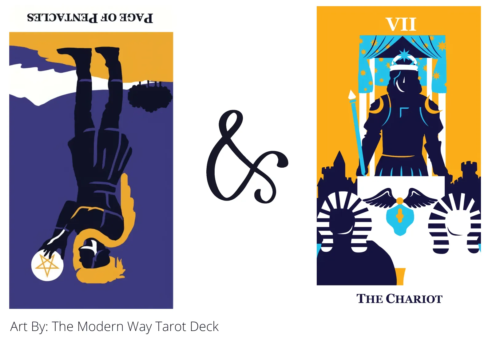 page of pentacles reversed and the chariot tarot cards together