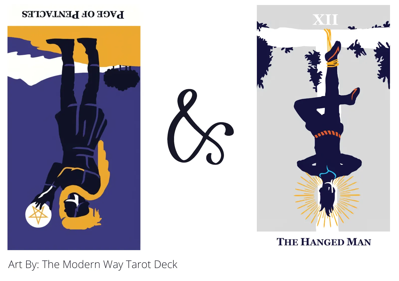 page of pentacles reversed and the hanged man tarot cards together