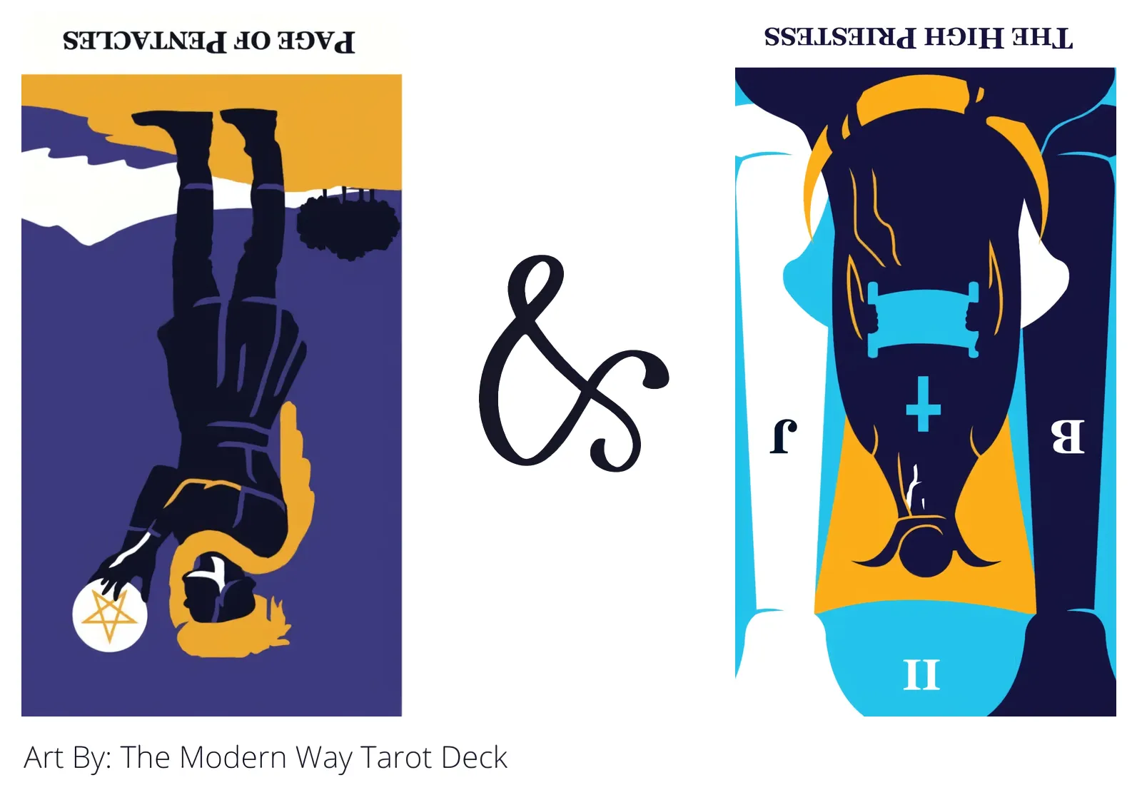 page of pentacles reversed and the high priestess reversed tarot cards together