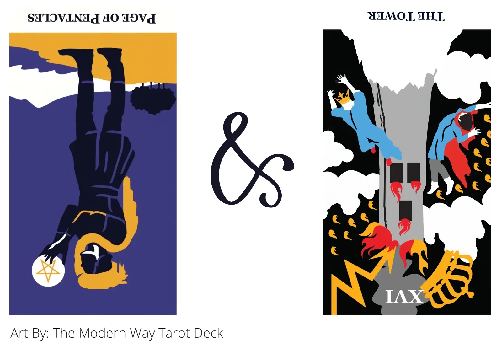 page of pentacles reversed and the tower reversed tarot cards together