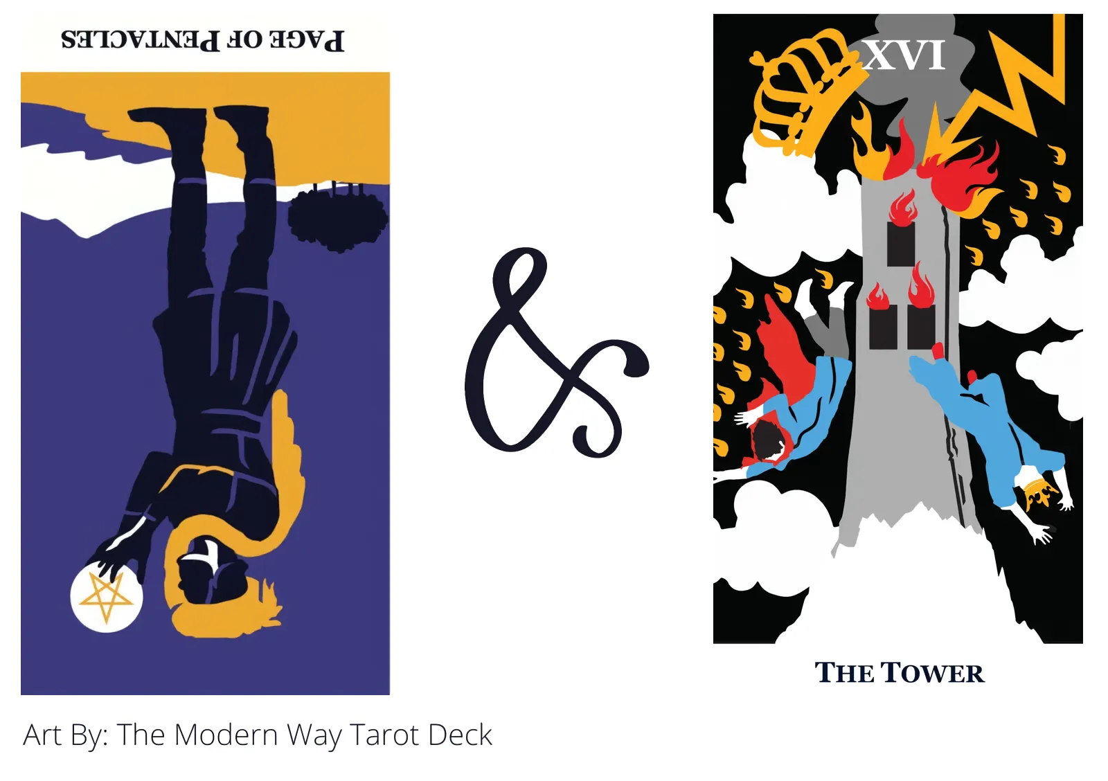 page of pentacles reversed and the tower tarot cards together