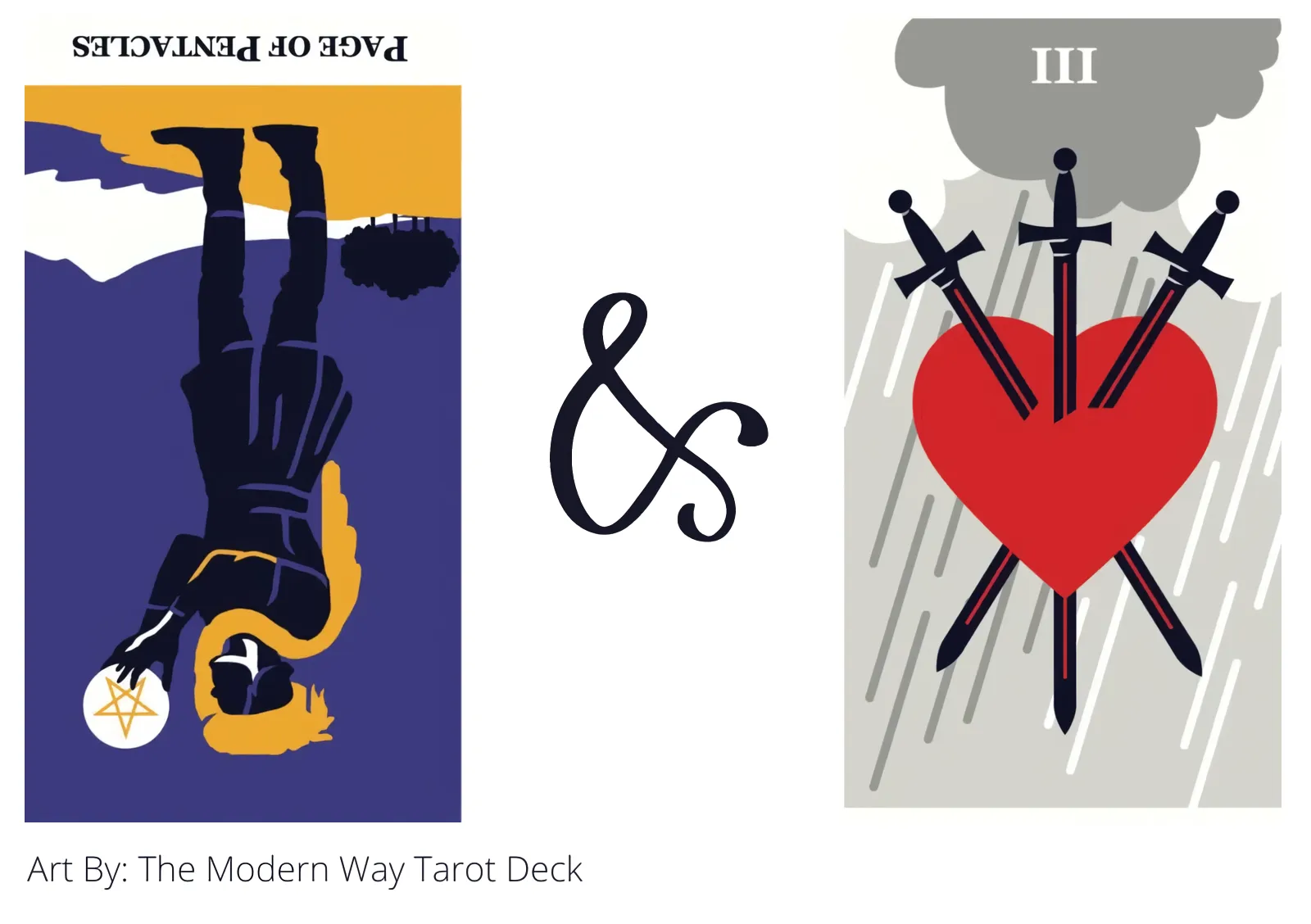 page of pentacles reversed and three of swords tarot cards together