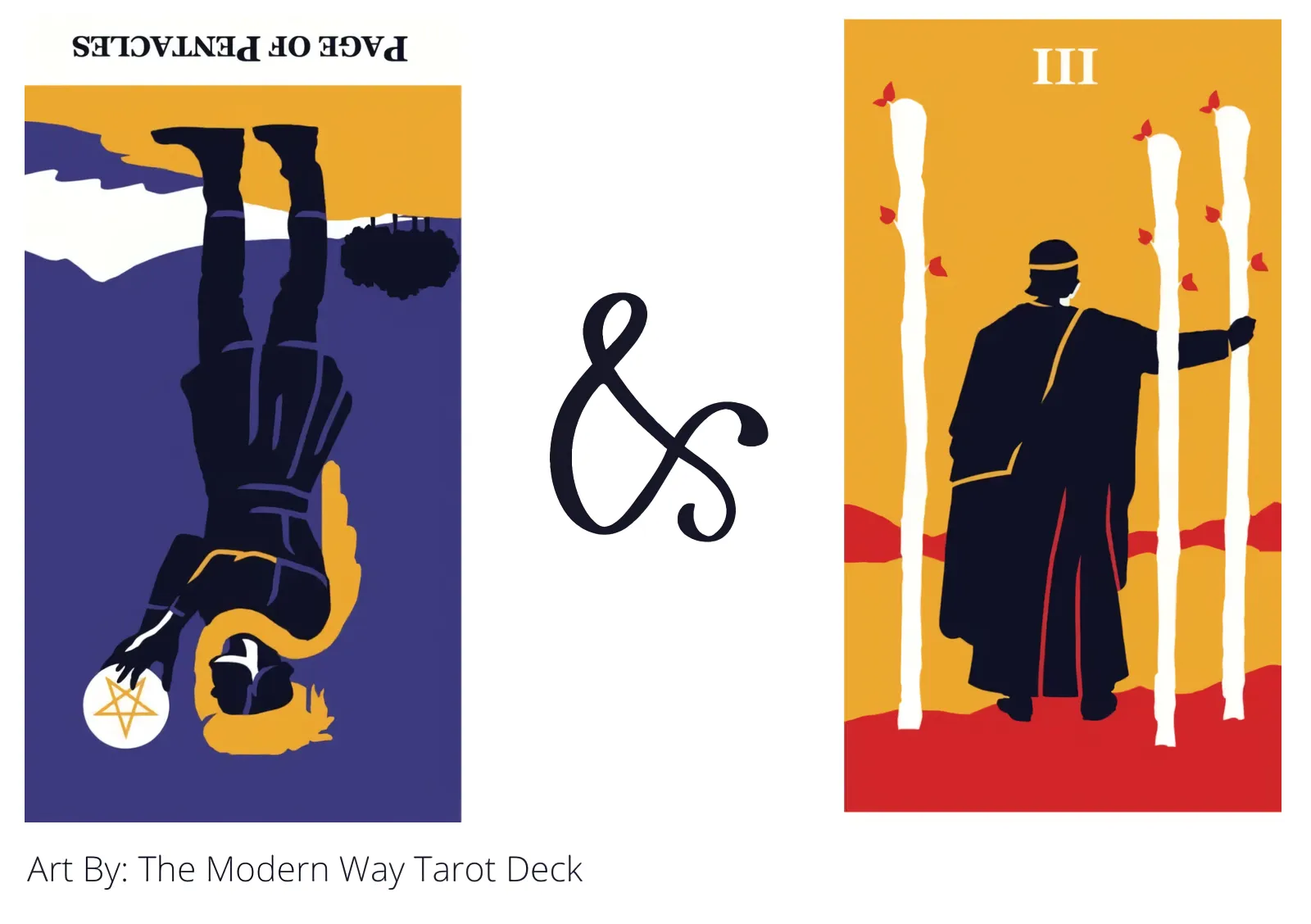 page of pentacles reversed and three of wands tarot cards together