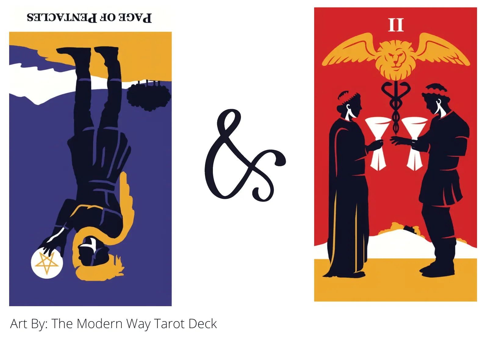 page of pentacles reversed and two of cups tarot cards together
