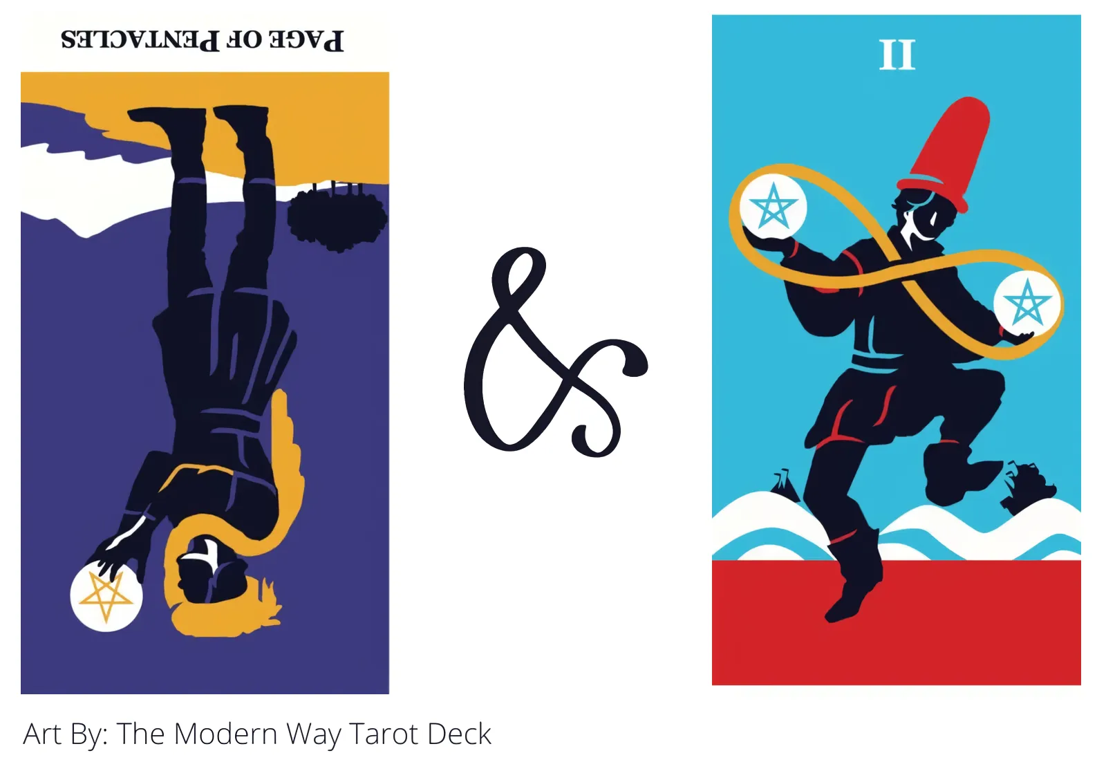 page of pentacles reversed and two of pentacles tarot cards together
